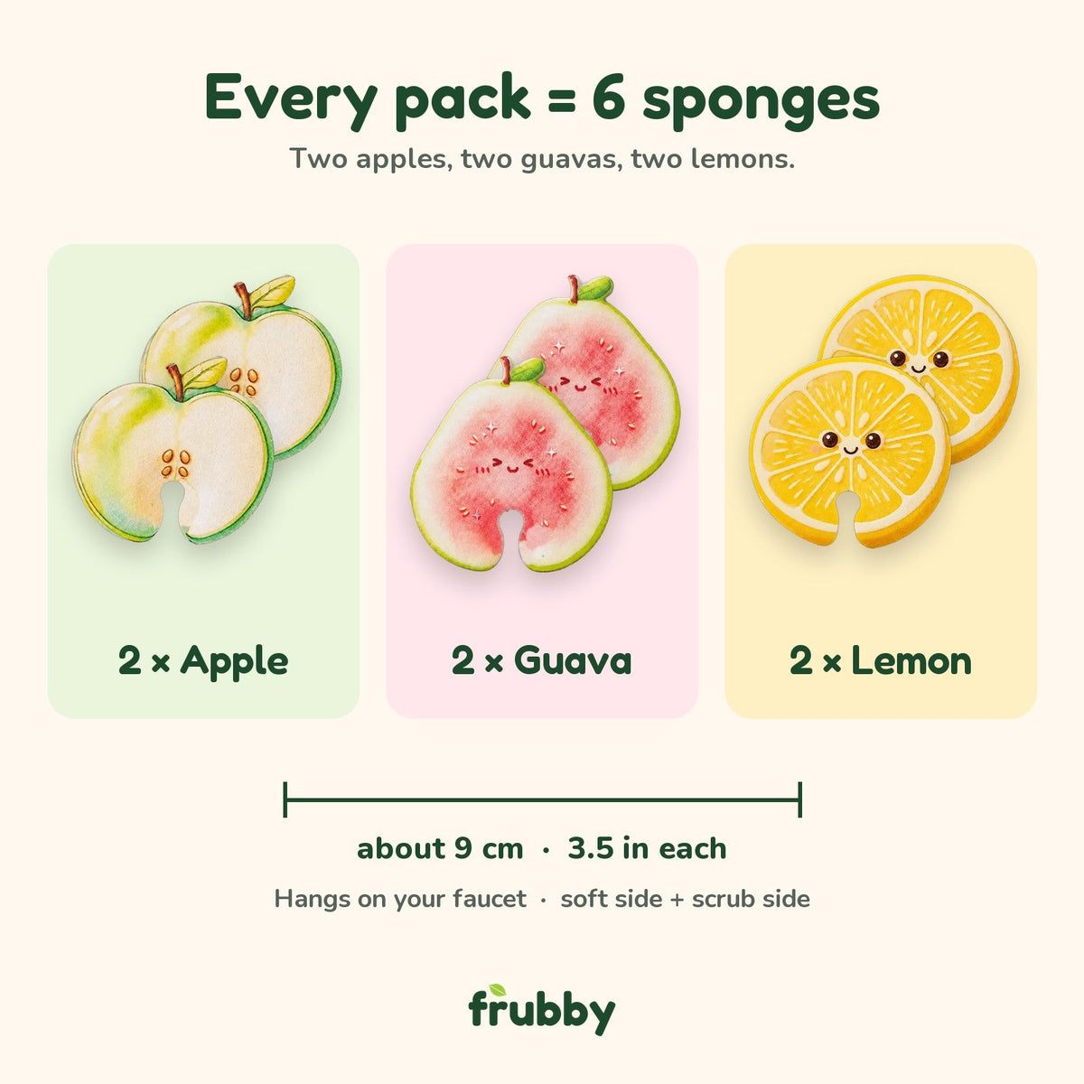 Every pack has 6 sponges: 2 apples, 2 guavas and 2 lemons, about 9 cm each