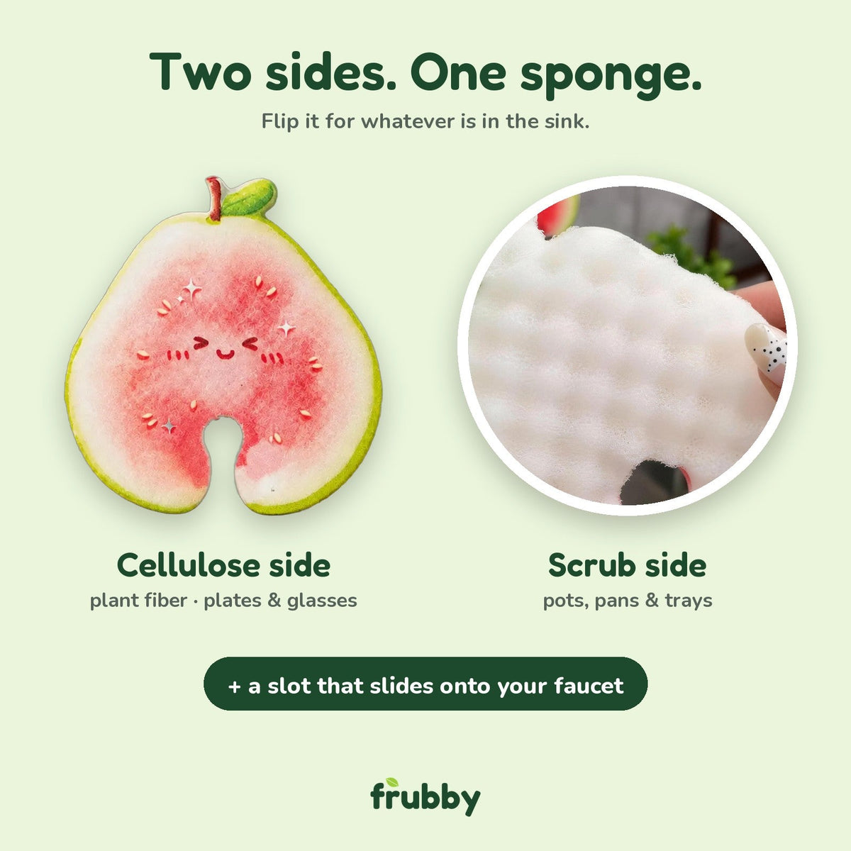 Two sides: a soft side for plates and a scrub side for pots and pans