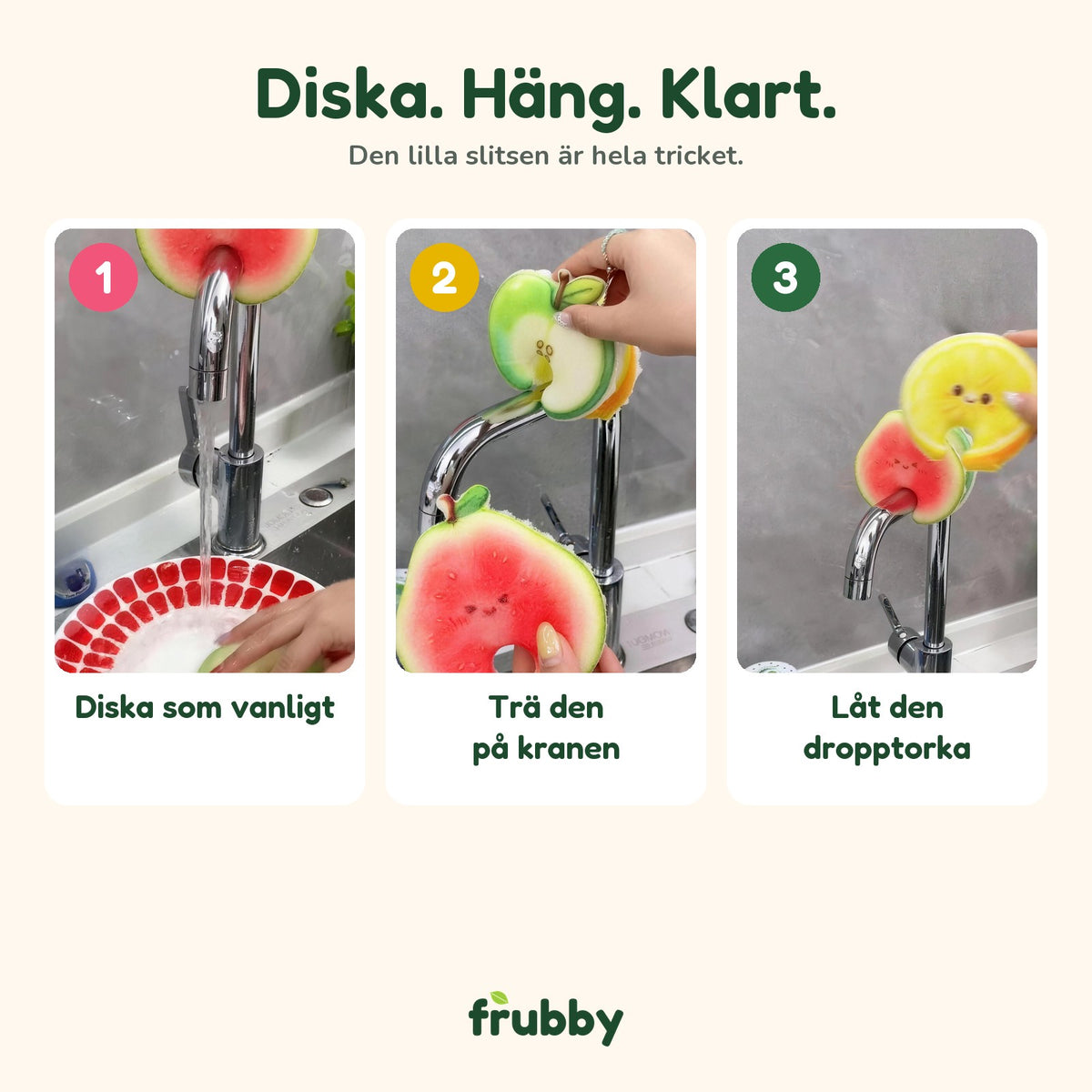 Så fungerar den: diska, trä den på kranen och låt den dropptorka