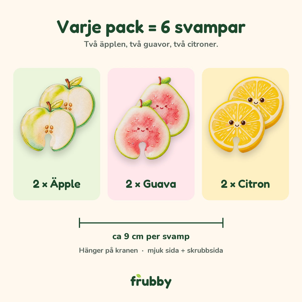 Varje pack har 6 svampar: 2 äpplen, 2 guavor och 2 citroner, ca 9 cm per svamp